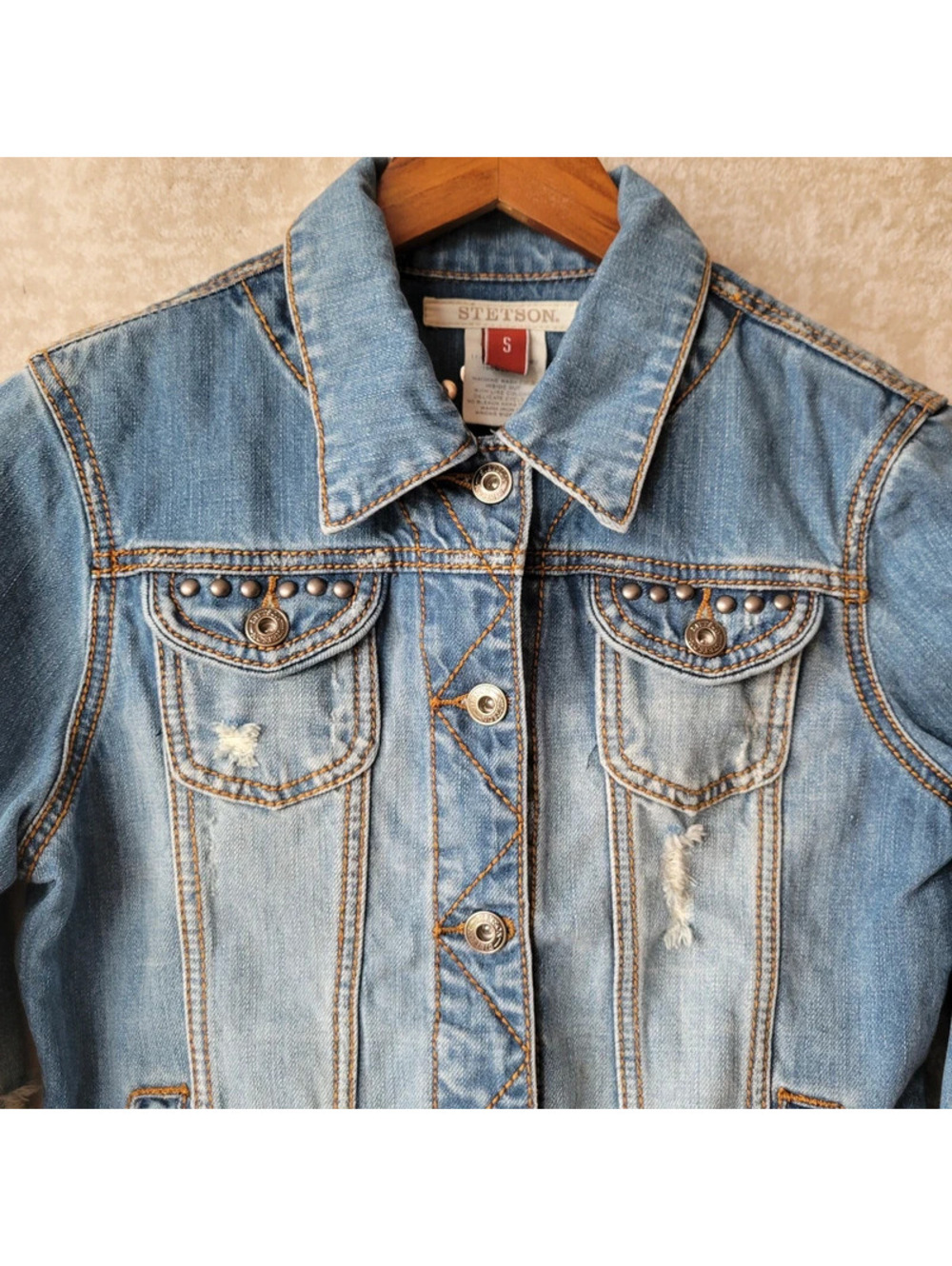 Stetson Studded Denim Jacket Womens Small Blue Button Pockets Country Western - Picture 3 of 14